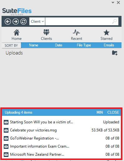 Upload view when loading multiple items into SuiteFiles through the Outlook add-in.